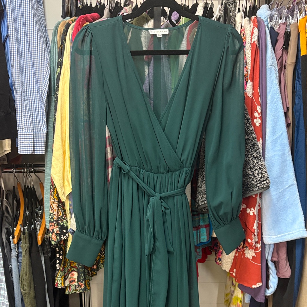 Baltic Born Celine Emerald Green Maxi Dress Xs Sheer Sleeves Belted — image 8 of 8